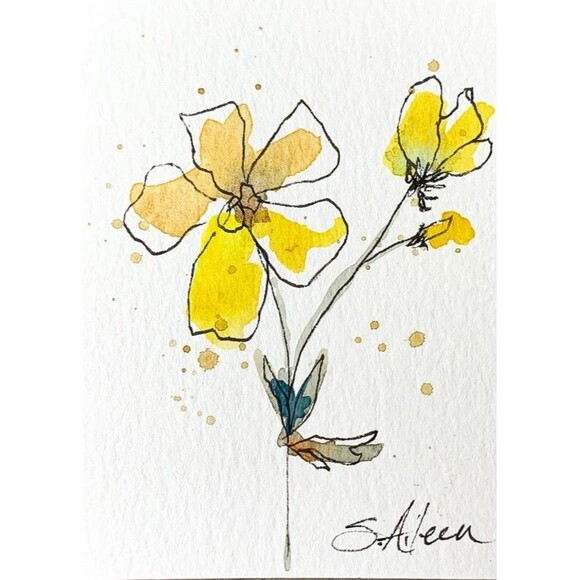Other - ACEO Painting Watercolor Ink Yellow Flower Green Botanical Minimalist IV Signed